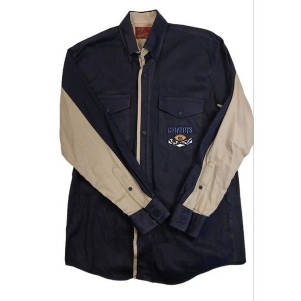 Vintage‎ Dallas Cowboys NFL Branded By Karman Mens Button Shirt Blue/Tan Medium